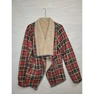 JODIFL Women's SZ S Jacket Plaid Open Front Sherpa Lined Oversized Pockets Red